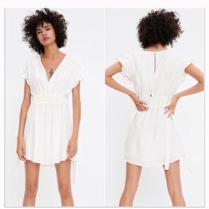ZARA- (L) White V- Neck ruffle dress w/ side ties